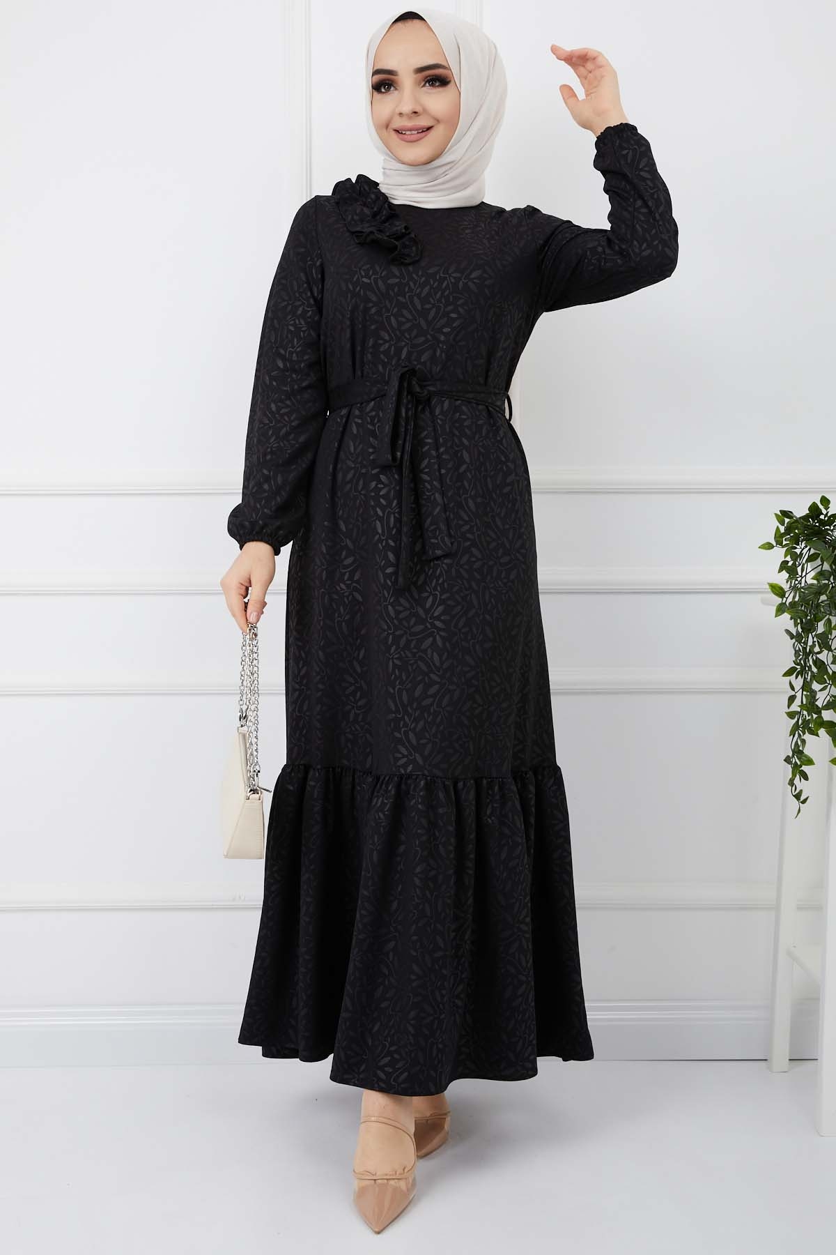 Soğuk Baskılı Omuz Fırfırlı Elbise - Siyah