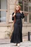 Kolu Fırfırlı Boydan Elbise - Siyah