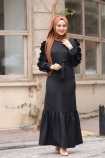Kolu Fırfırlı Boydan Elbise - Siyah
