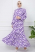 Hasır Kemerli Çiçek Desenli Fırfırlı Elbise - Lila