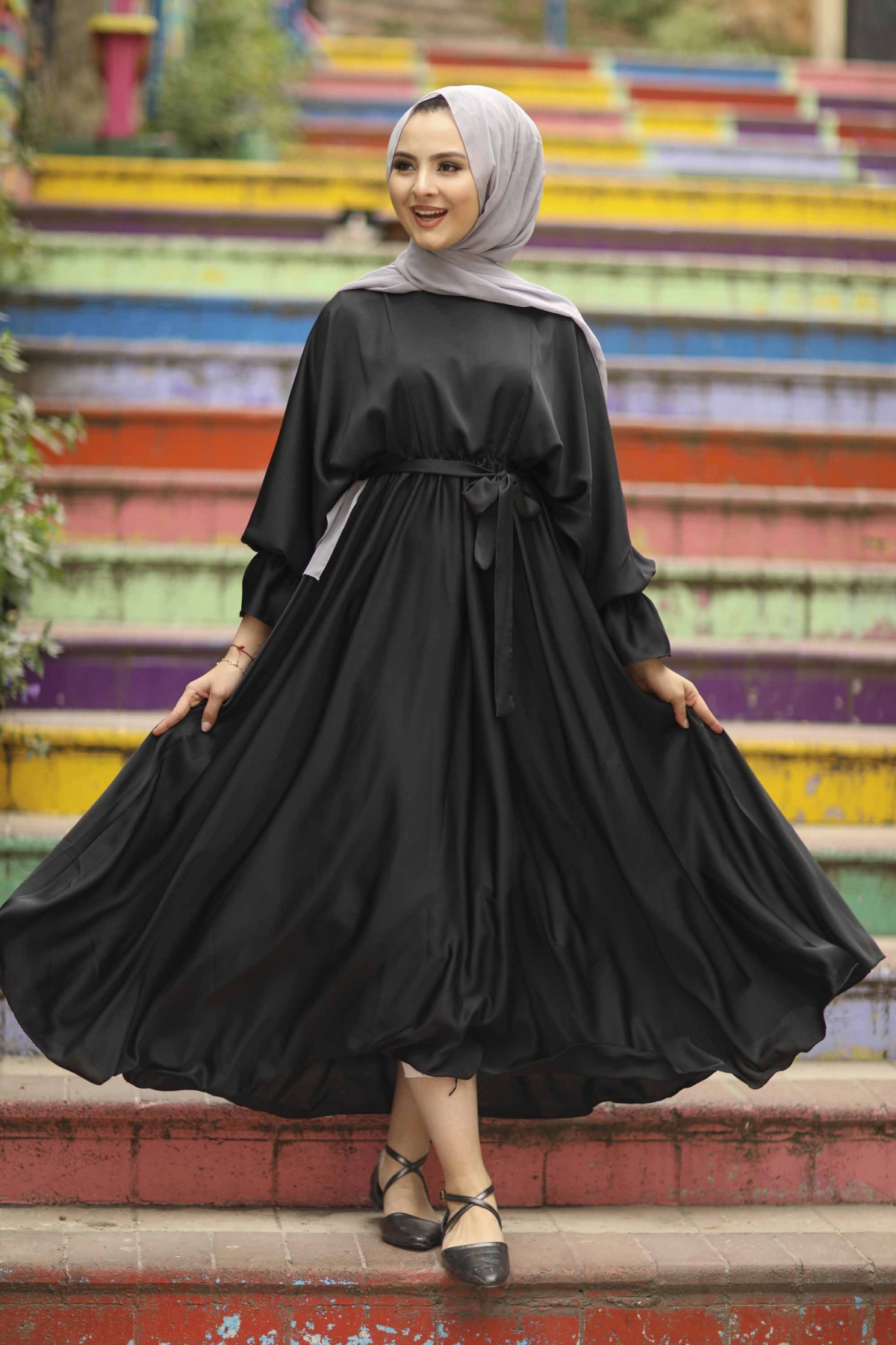Kobe Saten Elbise - Siyah