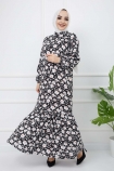 Hasır Kemerli Çiçek Desenli Fırfırlı Elbise - Siyah