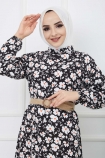 Hasır Kemerli Çiçek Desenli Fırfırlı Elbise - Siyah