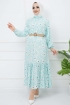 Hasır Kemerli Çiçek Desenli Fırfırlı Elbise - Mint Yeşili