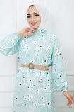 Hasır Kemerli Çiçek Desenli Fırfırlı Elbise - Mint Yeşili