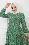 Kemerli Şifon Elbise - Yeşil