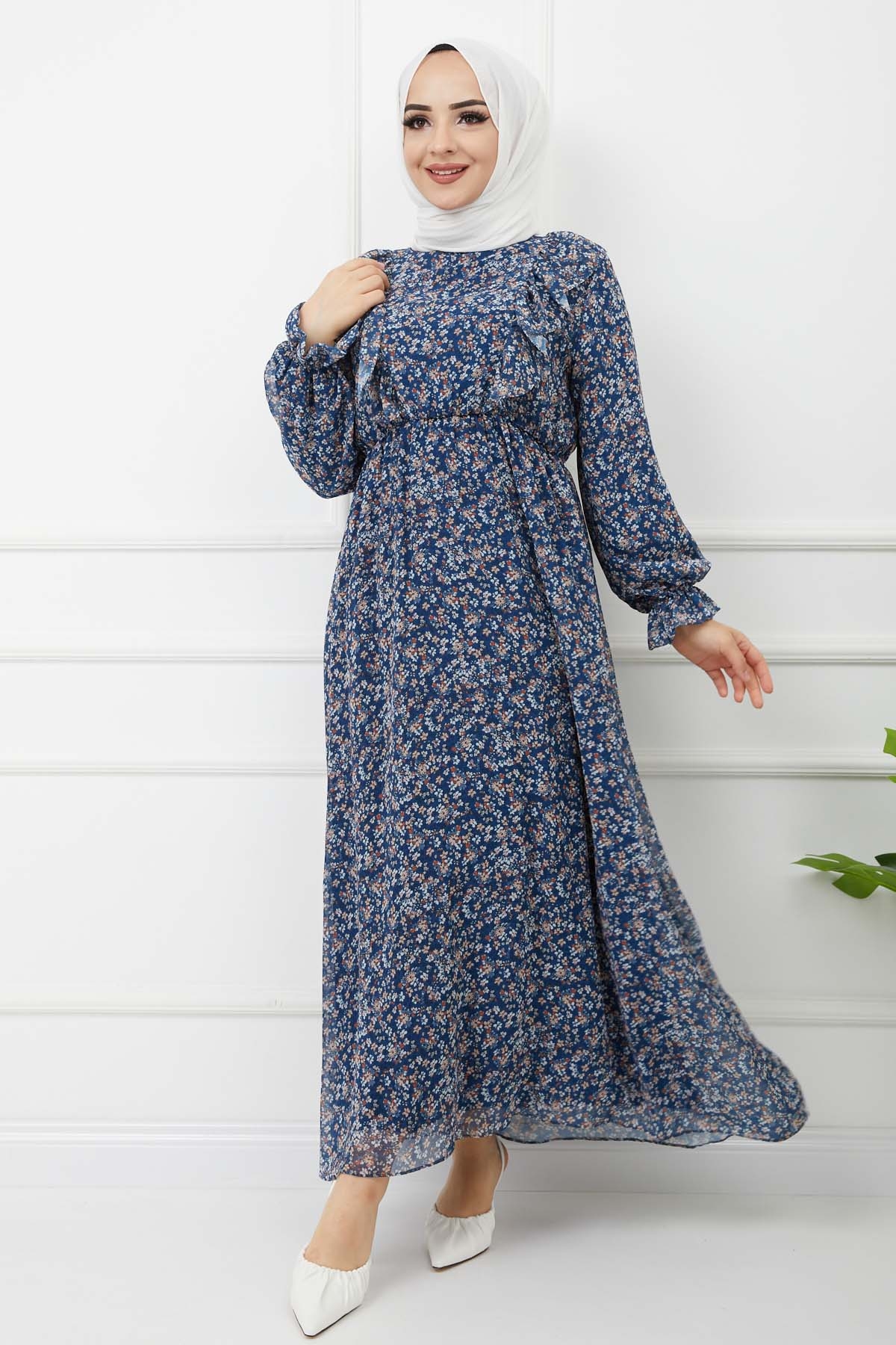 Fırfırlı Şifon Elbise - İndigo