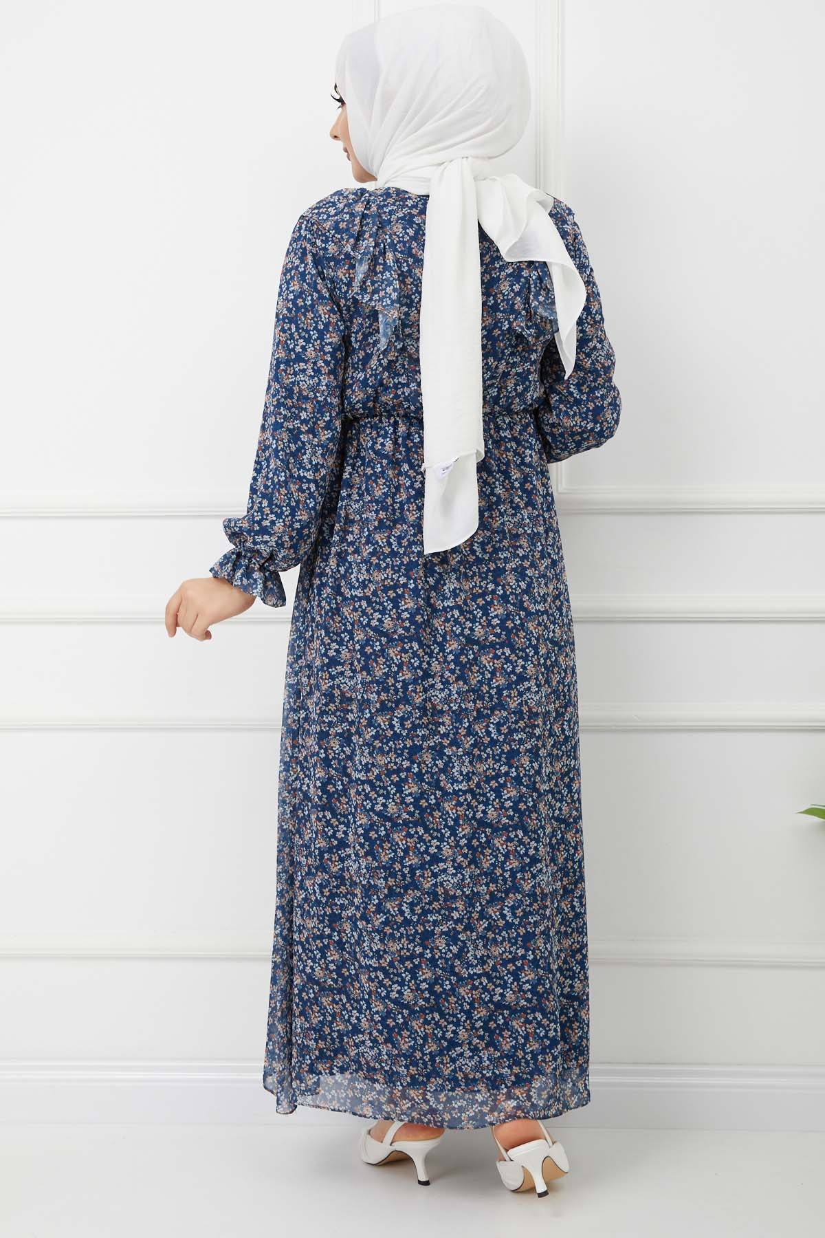 Fırfırlı Şifon Elbise - İndigo