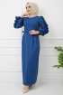 Kolu Fırfırlı Kalem Elbise - Mavi