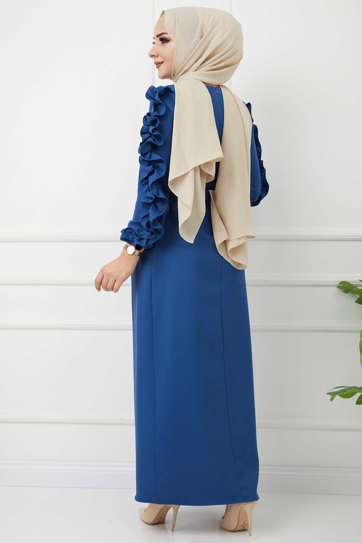 Kolu Fırfırlı Kalem Elbise - Mavi