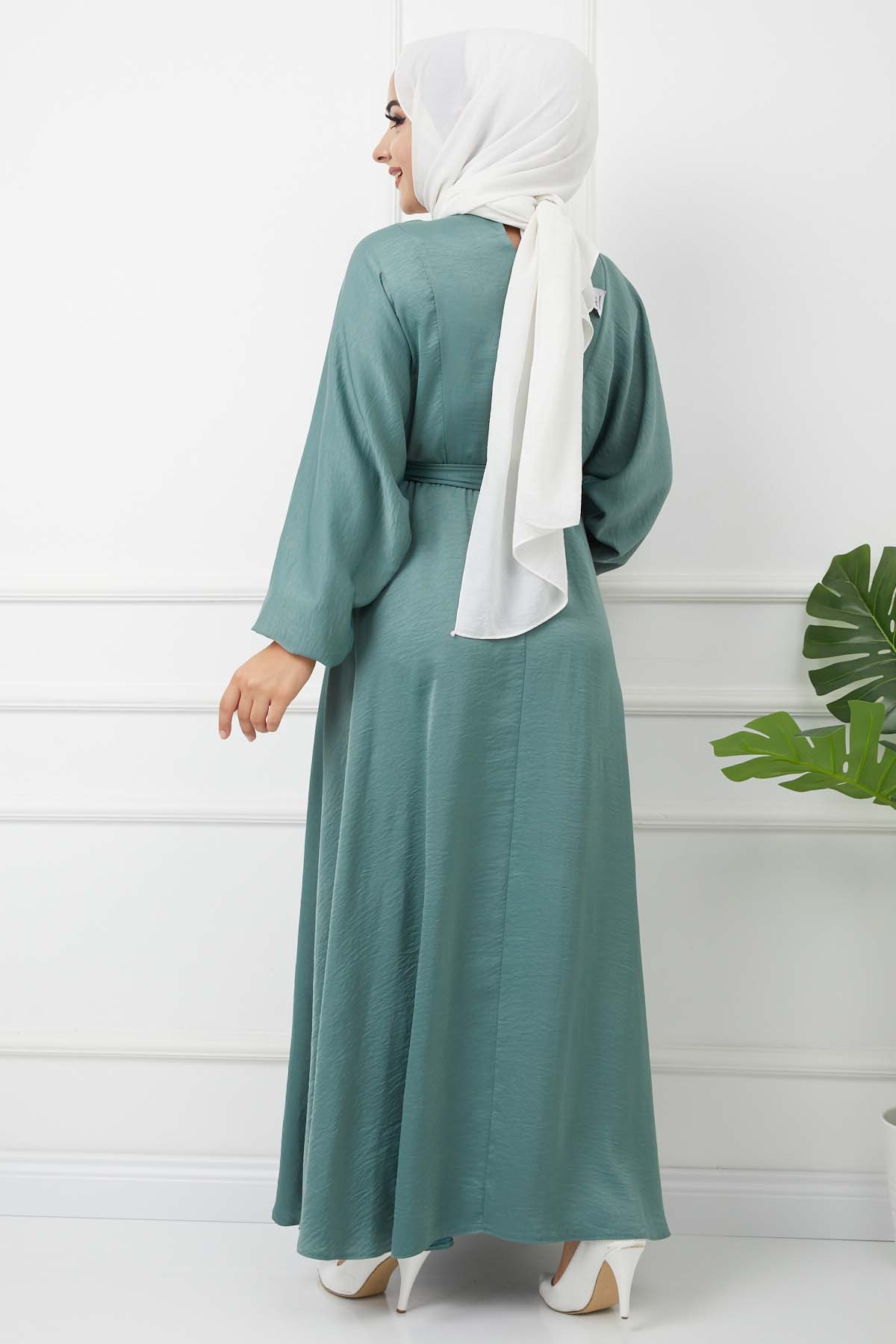 Ayrobin Saten Elbise 4626 - Çağla Yeşili